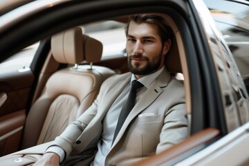 A businessman is sitting on the back seat of a luxury car.