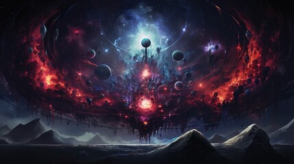 Dramatic Cosmic Nexus with Glowing Planets,Stars,and Fiery Energy in Surreal Fantasy Landscape