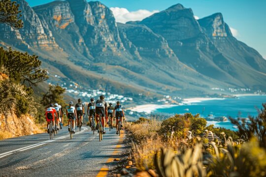 Professional Photography of a Personal Trainer Leading a Group of Cyclists on a Scenic Bike Ride Along a Coastal Road or Mountain Trail, Generative AI