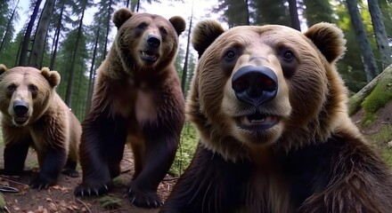 Three bears are looking straight at the camera