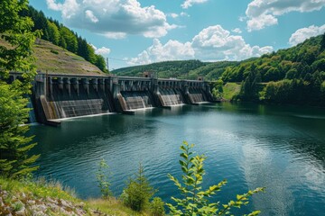 Fototapeta premium A dam with a hydroelectric power plant to the wooded countryside. Renewable energy concept