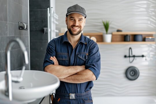 A confident smiling plumber in uniform posing in a modern bathroom setting