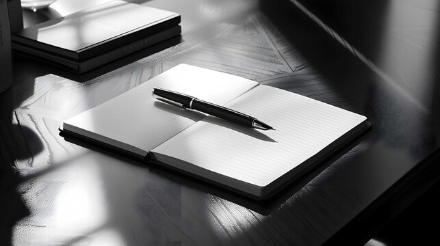 A photo-realistic image of an empty notebook with a black pen on top.