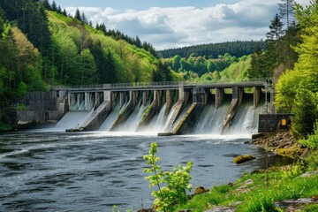 A dam with a hydroelectric power plant to the wooded countryside. Renewable energy concept