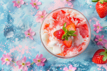 strawberry shaved ice dessert with fresh fruit topping and flowers on blue background
