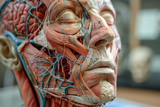 A detailed anatomical model showcases the complex structures within the human face