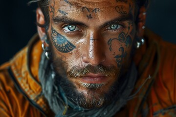 Intense Blue-Eyed Man with Detailed Facial Tattoos - obrazy, fototapety, plakaty