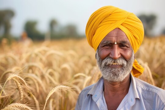 A happy Indian farmer wearing traditional turban standing in front of a wheat farm