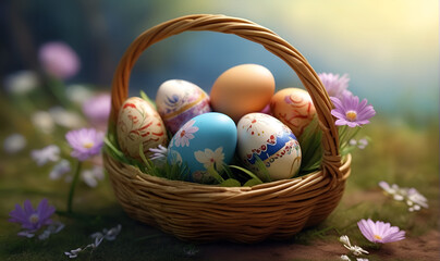 Easter eggs decorated with patterns, in a basket made of vines, on the background of nature and flowers - obrazy, fototapety, plakaty