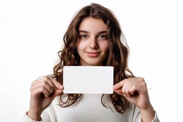 Naklejka premium A young woman holding a blank business card Isolated on white background