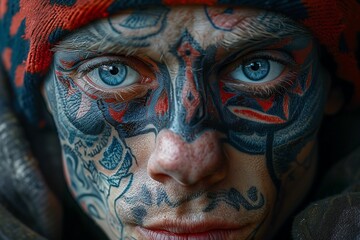 Intense Portrait of a Man with Traditional Tribal Facial Tattoos - obrazy, fototapety, plakaty
