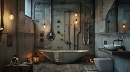 An industrial bathroom with exposed pipes, concrete walls, and Edison bulb lighting fixtures