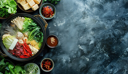 traditional asian hot pot with vegetables, mushrooms, and tofu on dark background, copy space for text