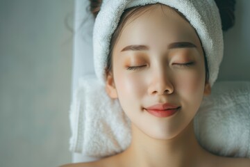 Asian young woman in spa salon relaxing. Body skin and hair care