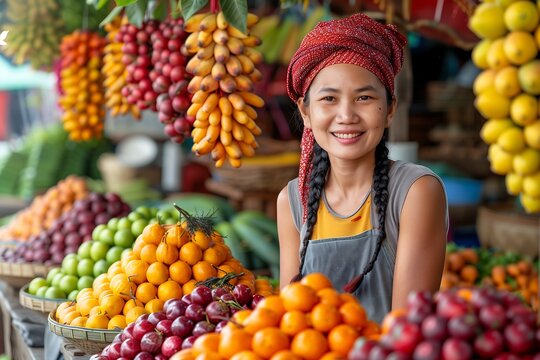 Smiling Woman Selling Fresh Fruits at Colorful Market Stall