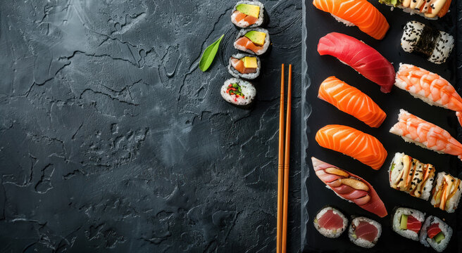 sushi platter with assorted rolls and nigiri on a textured black slate
