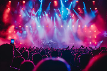 Concert crowd enjoying live music performance with stage lights. Music festival and entertainment concept. Audience and event atmosphere for poster, social media, and banner design with copy space - obrazy, fototapety, plakaty