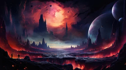 Foto auf Alu-Dibond Galactic Apocalyptic Alien Landscape with Fiery Volcanic Eruptions and Ethereal Celestial Phenomena © Sittichok
