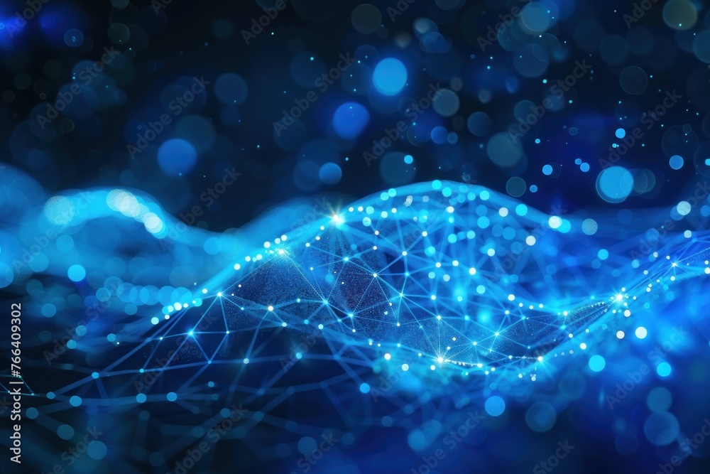 Poster blue abstract background with a network grid and particles connected