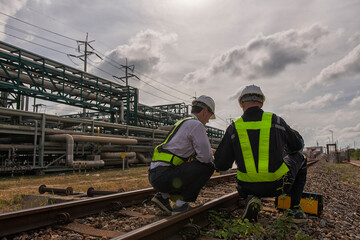 engineer sitting on railway inspection. construction worker on railways. Engineer work on railway....