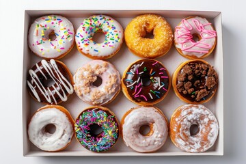box of different colorful donuts - top view