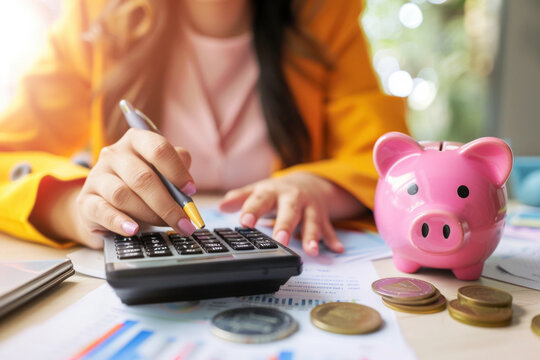 Women calculate expenses with calculator and piggy bank. Tax time, finance, investment and savings concept