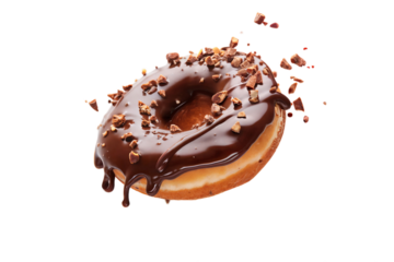 Falling frosted sprinkled chocolate donut, isolated cutout food on transparent background