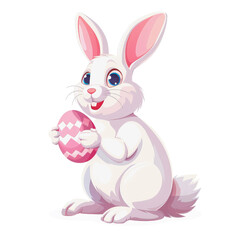 Obraz premium Cute And Happy White Easter Bunny Holding A Pink Painted Egg. Clip Art Illustration Isolated On Transparent Background. Png File. Ai Generated 