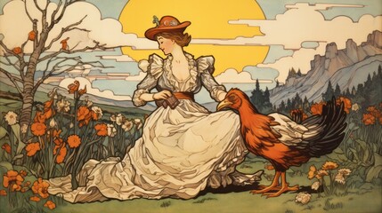A woman in a white dress sits in a field with a chicken. The scene is peaceful and serene, with the woman and chicken enjoying each other's company
