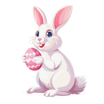 Cute And Happy White Easter Bunny  Holding A Pink Painted Egg. Clip Art Illustration Isolated On Transparent Background. Png File. Ai Generated
