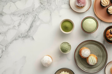 japanese desserts arrangement on marble background with mochi, matcha, and tea