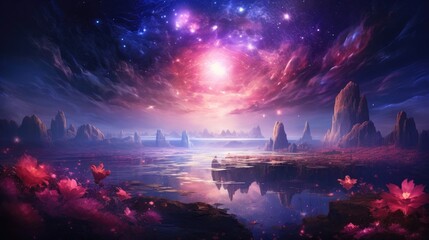 Ethereal Cosmic Landscape with Glowing Nebula and Reflected Starlight