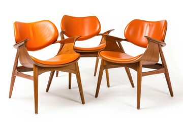 Classic scandinavian mid century modern wood and leather chairs. Retro furniture Isolated on solid white background