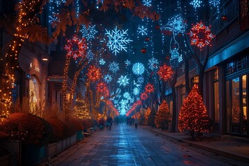 Festive Holiday Lights Decorating Winter Street - obrazy, fototapety, plakaty