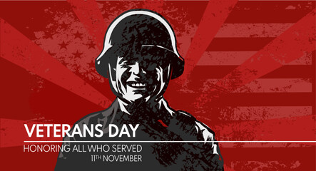 veterans day, we honor all who served, Silhouette of smiling soldier in helmet - vector illustration, banner, card - obrazy, fototapety, plakaty