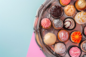 assortment of mini cupcakes and sweets on vintage silver tray with pastel background - obrazy, fototapety, plakaty