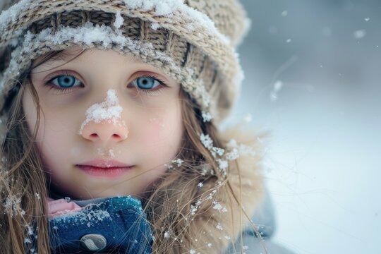 Close up kid girl face outdoors on a freezing cold snow winter day