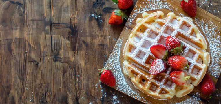 belgian waffle topped with powdered sugar and fresh strawberries on wooden board
