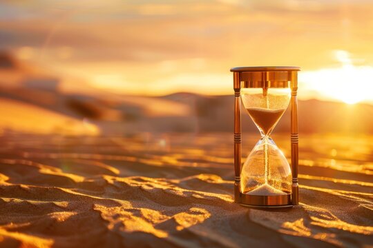 Close up of hourglass on sand in desert with sunlight