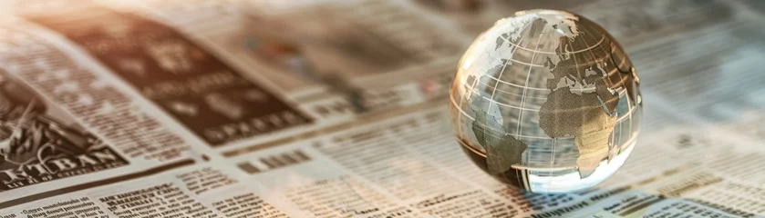 Deurstickers A background with a glass globe on a financial newspaper, emphasizing global economic perspectives, © AI Farm