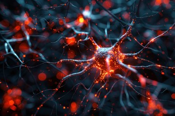 an abstract neuronal structure with intricate red fibers depicting neural activity or connectivity - obrazy, fototapety, plakaty