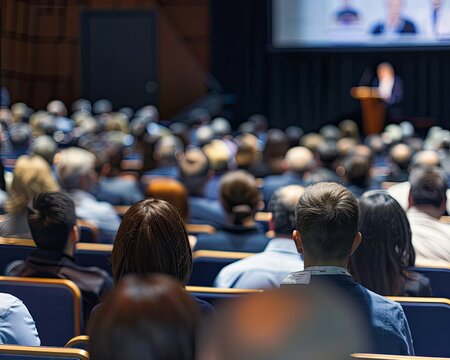 A background of a financial seminar or conference, with a speaker presenting to an audience of professionals,