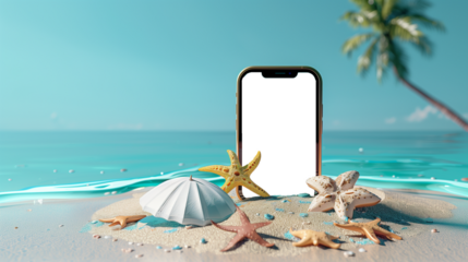 Smart phone with transparent screen for advertising on the beach. Summer and vacation background.