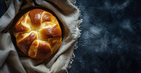 freshly baked golden brioche bread on dark textured background, free space  for text