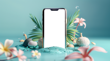 Smartphone mockup template for summer vacation app presentation. Transparent screen, beach background.
