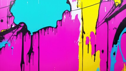 Colorful street art graffiti background. Pink, blue, yellow colors. Abstract wall surface with colorful drips, flows, streaks of paint and paint sprays