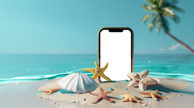 Smart phone with transparent screen for advertising on the beach. Summer and vacation background. - Powered by Adobe