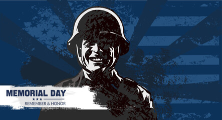 Memorial day ,  Remember and honor.  Silhouette of a smiling soldier in a helmet - vector illustration, banner, card
