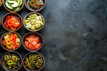 Obraz na płótnie Canvas colorful array of japanese pickled vegetables in ceramic bowls