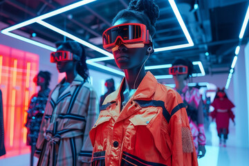Showcasing virtual fashion innovation, featuring garments with augmented reality enhancements and wearable tech, set in a dynamic, futuristic metaverse environment